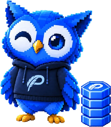 Hibou Plume a cote d'une pile de jetons